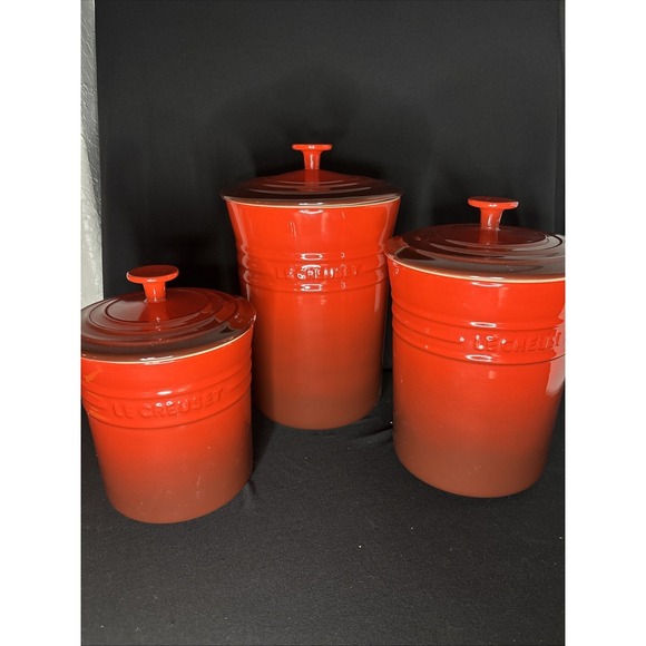 Le Creuset Other - Le Creuset CERISE Red Stoneware 3-Canister Storage Jar Set with Lids #1029